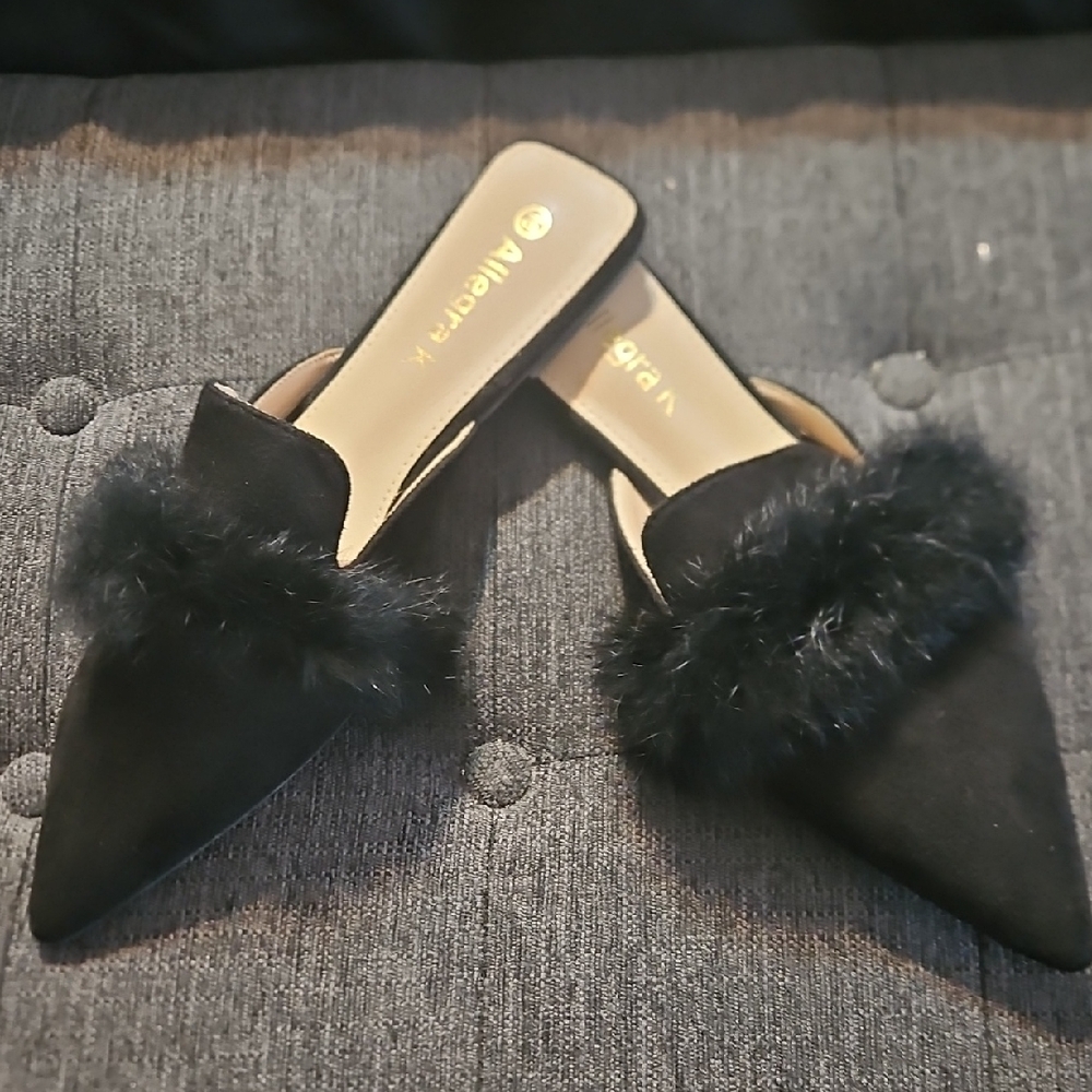 Allegra K Elegant Black Fur-Trimmed Mules